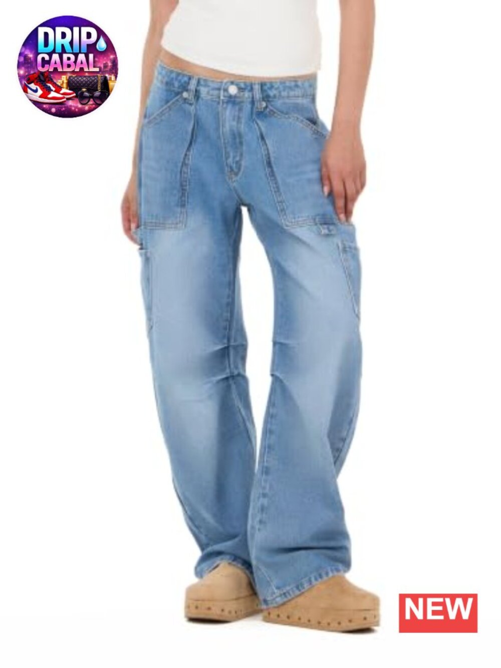 Cargo Jeans Women Wide Leg Barrel Blue Denim Pants Casual Cotton